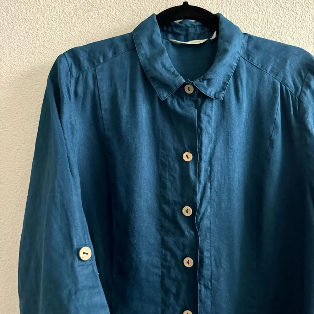 Soft Surroundings Island Breeze Shirt Deep Sea Blue Linen Button Down - Picture 3 of 10